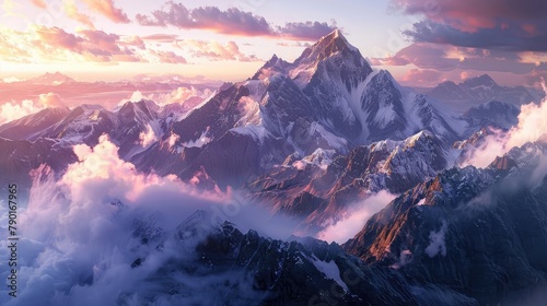 A breathtaking vista of snow-capped peaks piercing the clouds, with rugged cliffs and alpine meadows below, bathed in the soft light of dawn breaking over the horizon.