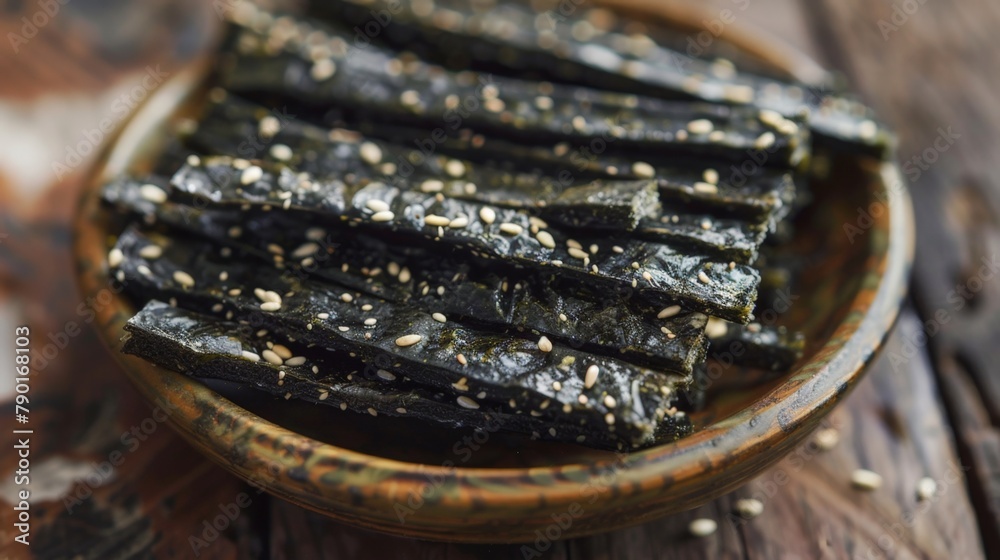 Bowl seaweed on wooden table Bowl seaweed on wooden table