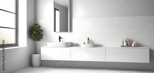 A modern  minimalist bathroom interior with a white tiled floor  a white vanity  and a blurred window in the background providing natural light