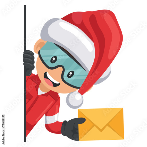 Industrial mechanical worker with Santa Claus hat peeking out from behind a wall with letter envelope for email. Merry christmas. Concept of communication, notification and contact