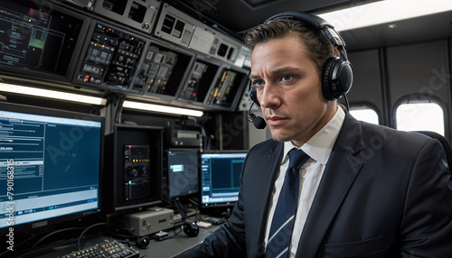 Secret service agent in headphones, listening to phone talks amidst IT equipment. Security, espionage, spy, agent, police, detective, investigation related photo