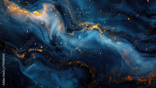 Dark blue and gold abstract background with swirls of liquid marble, glowing lights. Created with Ai © AllAbout