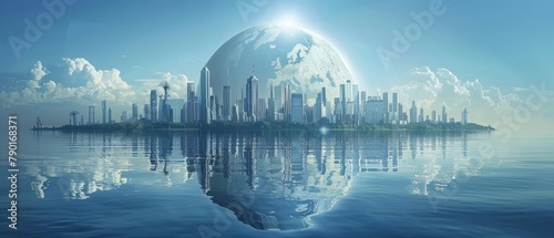 A beautiful digital painting of a futuristic city built on the surface of a vast body of water with a large glowing sphere in the sky.