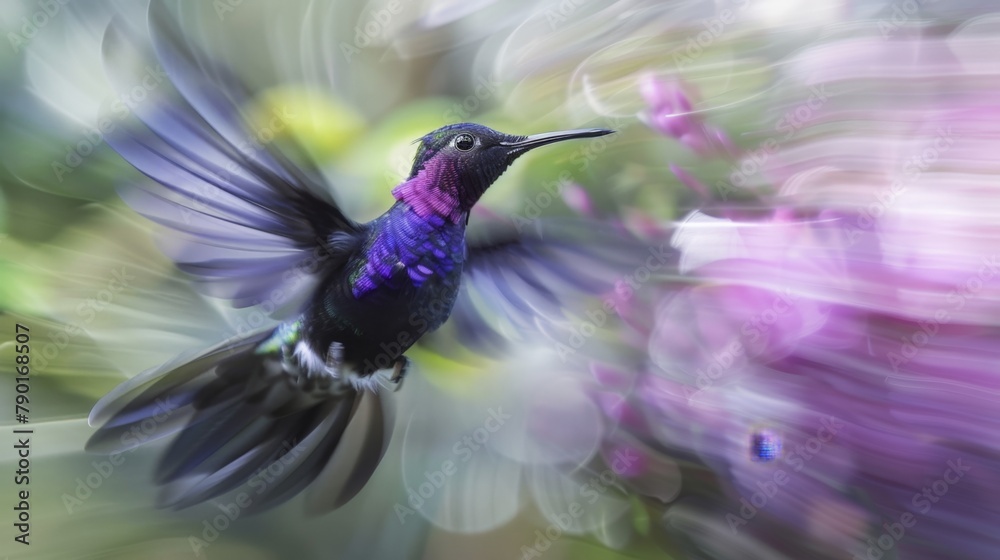Naklejka premium Purple and black hummingbird flies amid purple flowers