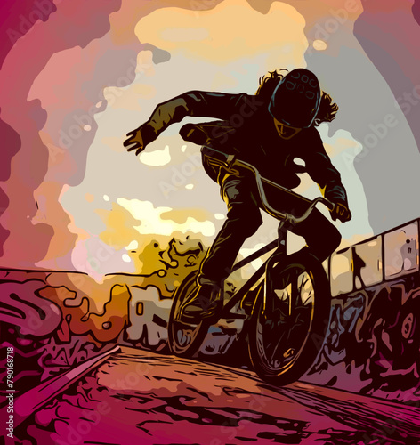 A BMX biker intensely maneuvers a trick at sunset in a vibrant skate park  with the backdrop of graffiti and silhouetted trees enhancing the urban atmosphere.