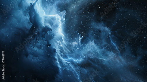 Enveloped by the darkness of space, a solitary plume of azure smoke rises, its form resembling a celestial lightning bolt, its energy palpable and untamed against the black canvas of the universe.