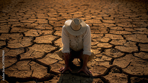 Person in a sun hat kneeling on cracked dry earth, suggesting severe drought conditions or possibly examining the soil. photo