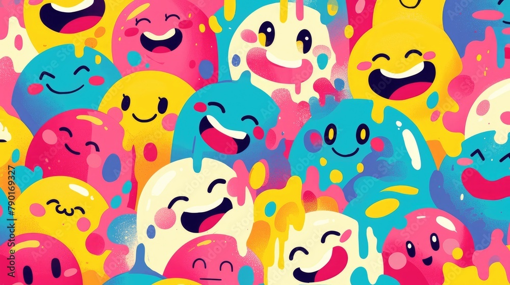 Vibrant and cheerful this playful pattern features a whimsical smiling face melting into a colorful cartoon backdrop evoking a retro psychedelic vibe reminiscent of smiley face icon Vibrant and cheerful this playful pattern features a whimsical smiling face melting into a colorful cartoon backdrop evoking a retro psychedelic vibe reminiscent of smiley face icon