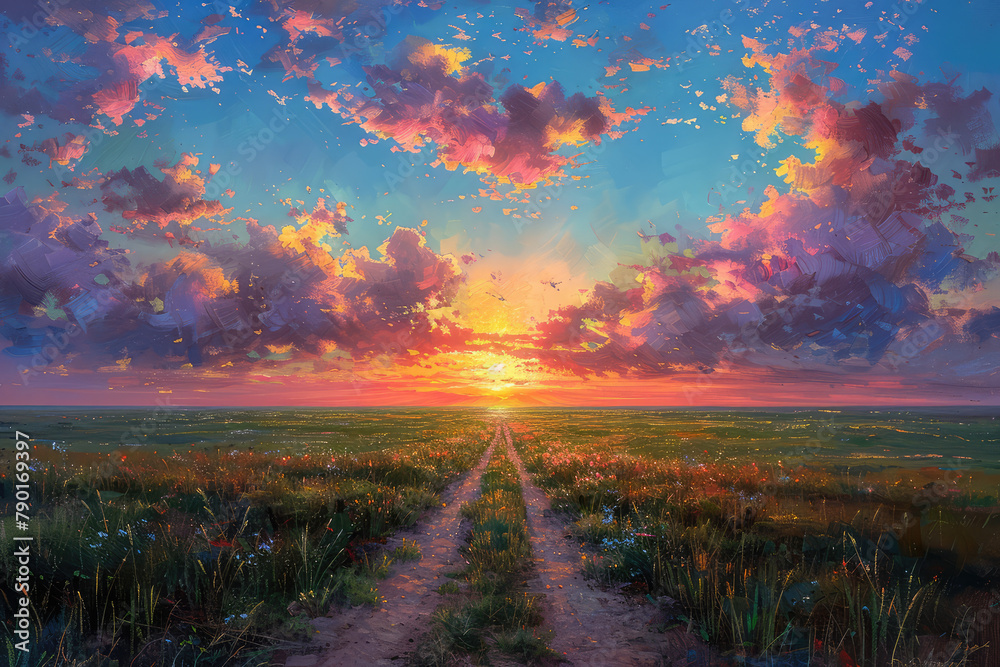 A beautiful oil painting of the Russian steppe at sunset, with dirt roads and green grass, blue sky with clouds. Created with AI - obrazy, fototapety, plakaty 