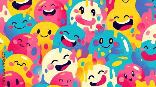 Vibrant and cheerful this playful pattern features a whimsical smiling face melting into a colorful cartoon backdrop evoking a retro psychedelic vibe reminiscent of smiley face icon