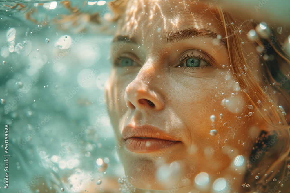 Close-up of beautiful mid-age woman underwater fashionable portrait