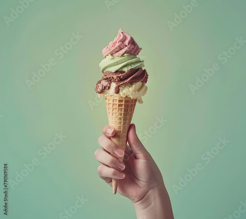 A hand holding a triple-scoop ice cream cone