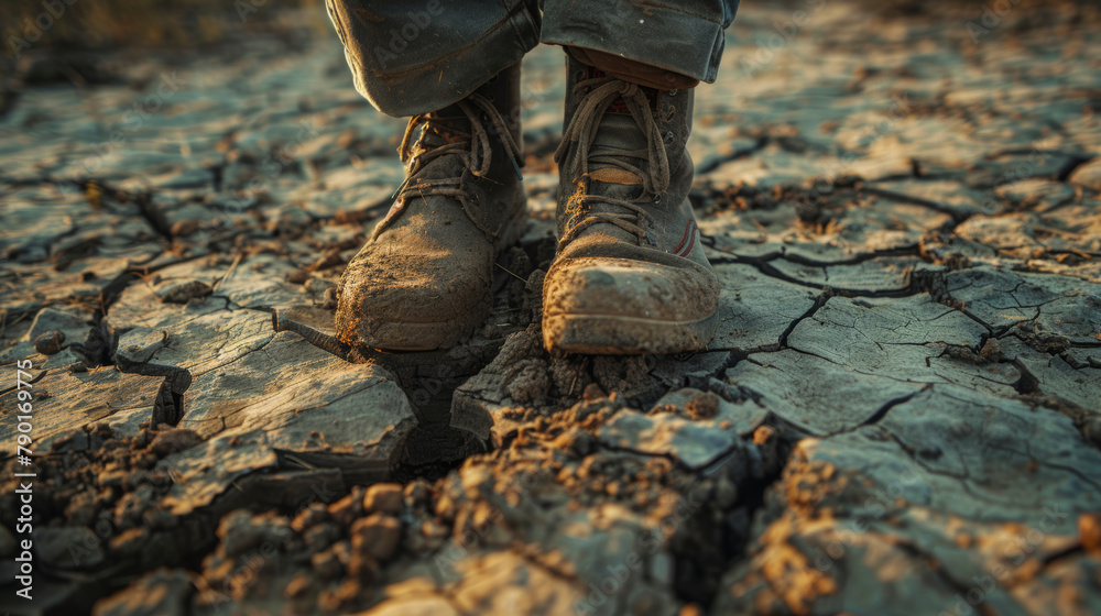 Person standing on dry, cracked earth wearing rugged boots, highlighting issues of drought and environmental degradation. Person standing on dry, cracked earth wearing rugged boots, highlighting issues of drought and environmental degradation.