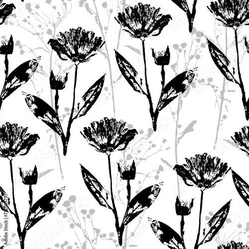Floral Seamless Pattern. Black and gray silhouettes of field grasses and plants on a white background. For fabric, cover, wrapping paper.