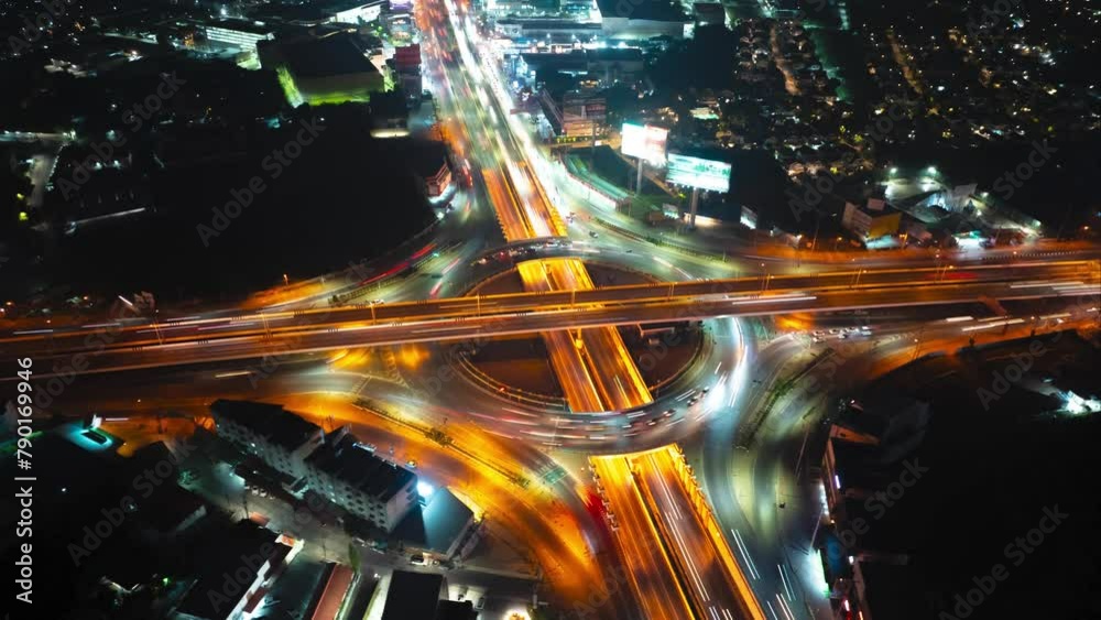 Time lapse of night city traffic on intersection roundabout in bangkok, thailand.