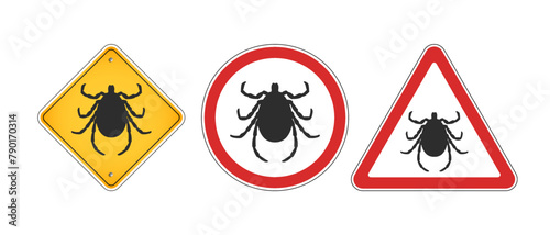Vector set of information and warning signs. Black silhouette of a tick. Circle, triangle and rhombus. Collection of road signs. White isolated background.