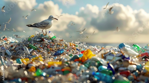 A photorealistic close-up of a landfill overflowing with colorful plastic waste, with a single seabird perched on top, pecking at a plastic bottle.  photo