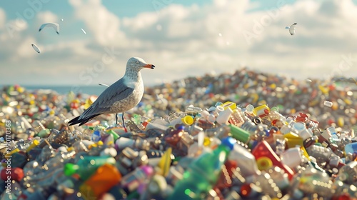 A photorealistic close-up of a landfill overflowing with colorful plastic waste, with a single seabird perched on top, pecking at a plastic bottle. 