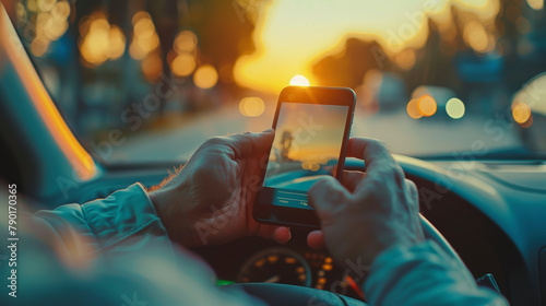 Driver using smartphone to navigate with sunset in the background, potentially unsafe distracted driving, urban setting. photo