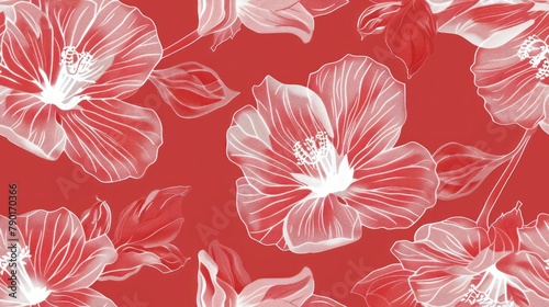 Red and White Floral Seamless Pattern on Dark Red Background for Textile Design and Wallpaper