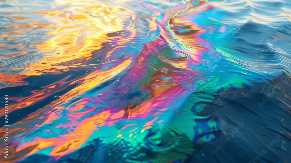 A photorealistic close-up of an oil spill on the surface of the ocean, creating a rainbow sheen that conceals the destruction beneath.