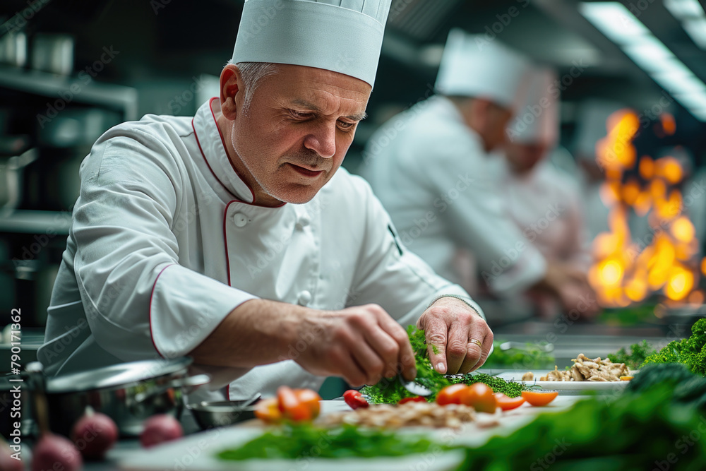 Chef Precisely Preparing a Dish in a Restaurant Kitchen Chef Precisely Preparing a Dish in a Restaurant Kitchen