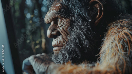 Neanderthal man at the computer. Extinct species.