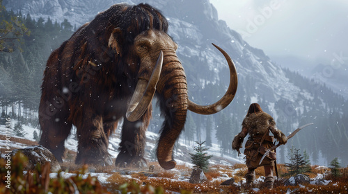 A small Neanderthal hunts a huge mammoth.