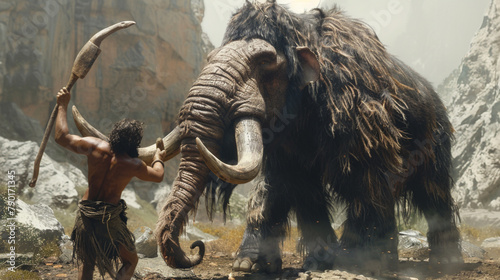 A small Neanderthal hunts a huge mammoth.