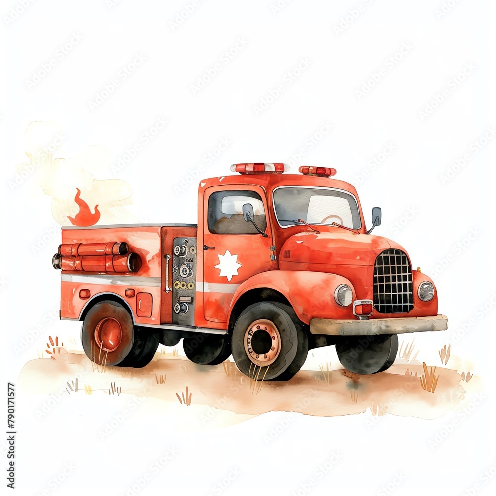 Bright red fire truck, heroic and bold in watercolor splashes