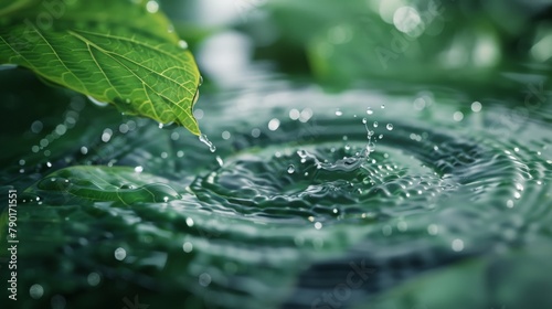 A photorealistic image of a raindrop splashing onto a smooth, waxy leaf, sending miniature ripples across its surface and tiny droplets cascading down. photo