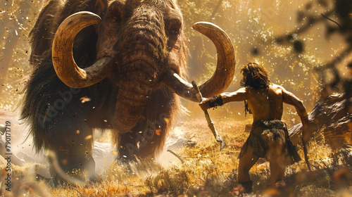 A small Neanderthal hunts a huge mammoth.