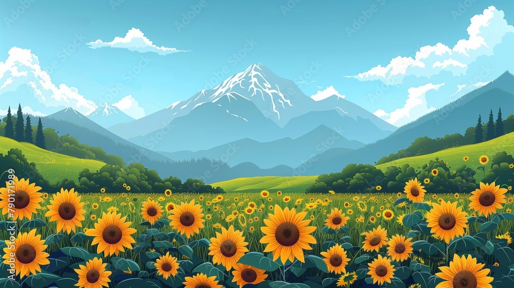 Illustration, summer background, a field of sunflowers on a mountain landscape background