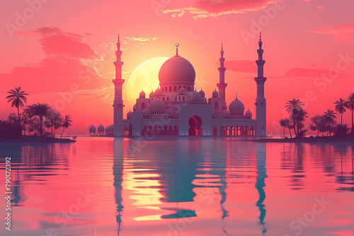  A beautiful mosque with the crescent moon and sky in a sunset, a night view with the mosque silhouette. Created with Ai