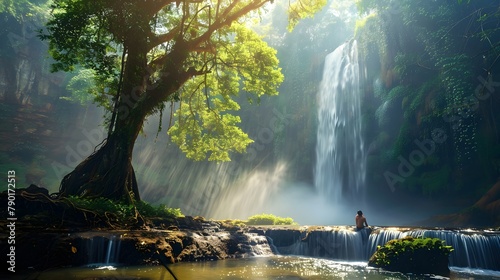 Waterfall is flowing in jungle. Waterfall in green forest. Mountain waterfall. Cascading stream in lush forest. Nature background. Rock or stone at waterfall. Water sustainability. Water conservation.