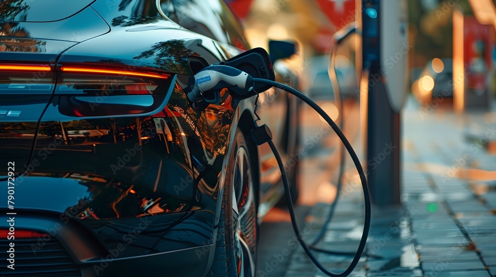 Car charging at electric car charging station. Electric vehicle charger station for charge EV battery. EV car charging point. Clean energy. Sustainable transportation. Green technology. Car charging at electric car charging station. Electric vehicle charger station for charge EV battery. EV car charging point. Clean energy. Sustainable transportation. Green technology.