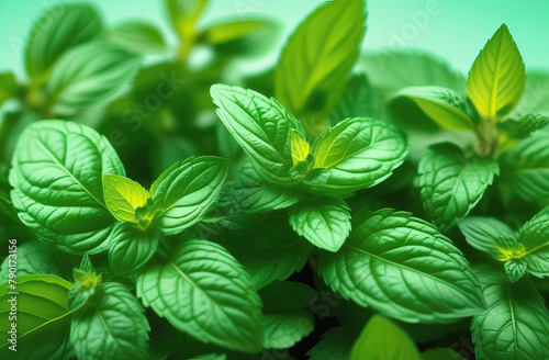 Fresh green aromatic mint leaves, close-up.