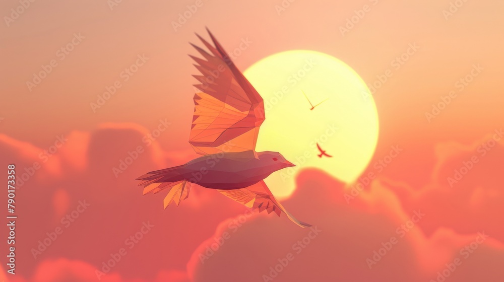 Fototapeta premium A single, stylized bird in flight against a backdrop of a minimalist sunset with geometric shapes for sun and clouds.