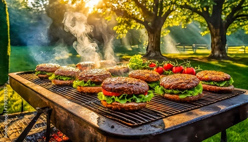 Sizzling Symphony: Dancing Hamburgers on a Flaming Grill photo