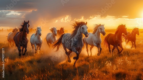 Symphony of Freedom: A Majestic Herd of Horses Galloping Across a Verdant Meadow