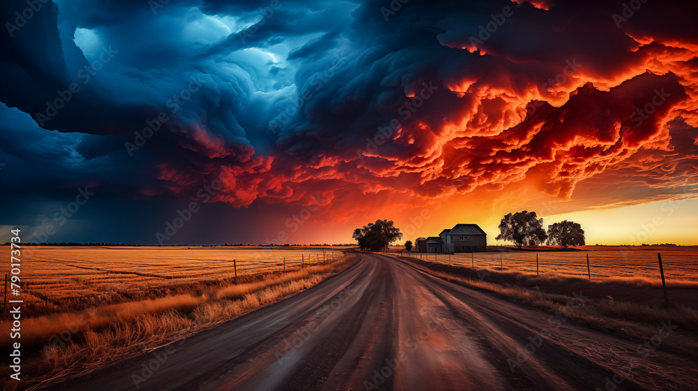Stormy sky with a road in the middle of a field. The sky is filled with dark clouds and the sun is setting