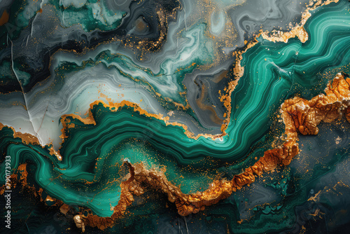 A closeup of an abstract painting featuring dark green and black hues with golden veins, resembling the texture of marble. Created with Ai