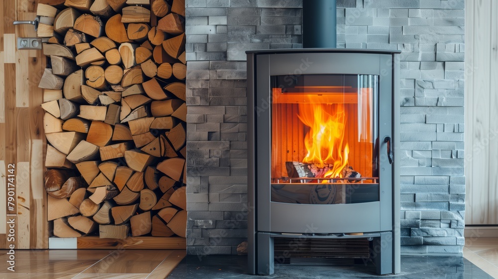 Modern Wood-Burning Stove with Stacked Firewood