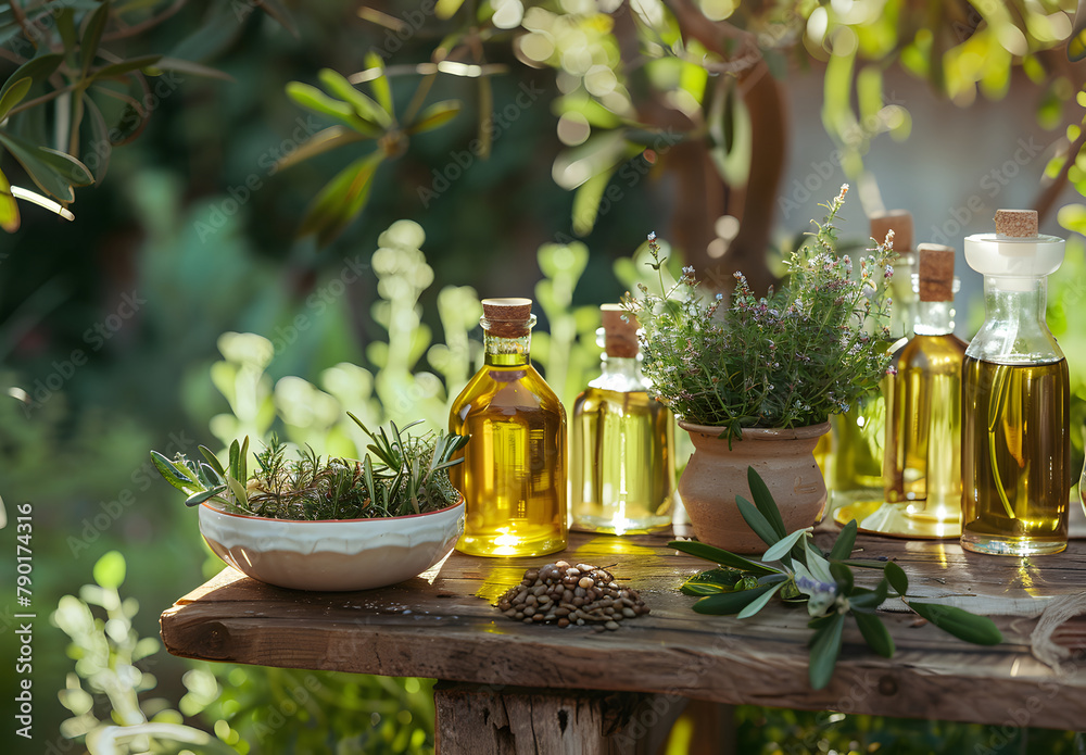 Golden hour at a tranquil herb-infused oil display in a garden Golden hour at a tranquil herb-infused oil display in a garden