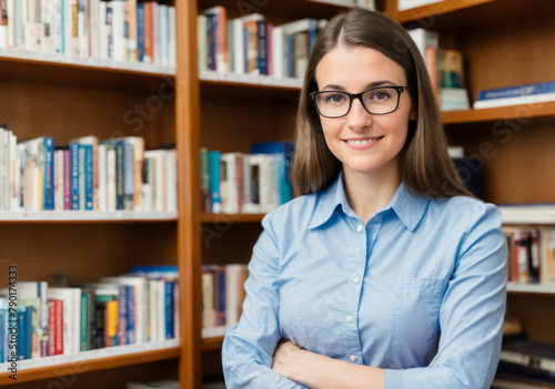 Upper body shot of a young Caucasian female librarian, organizing books, with blurred bookshelves in the background. AI generated. photo