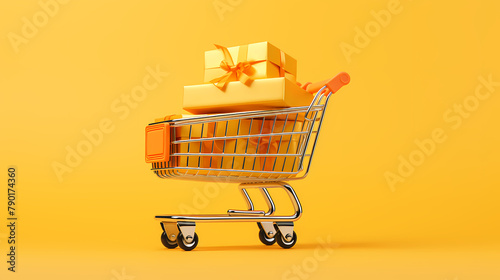 Shopping cart with gifts and balloons on yellow background