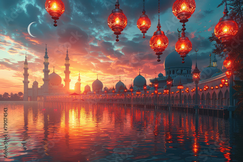 A 3D mosque with beautiful lights and a big moon in the sky at night. The sky is orange and blue. Created with Ai photo