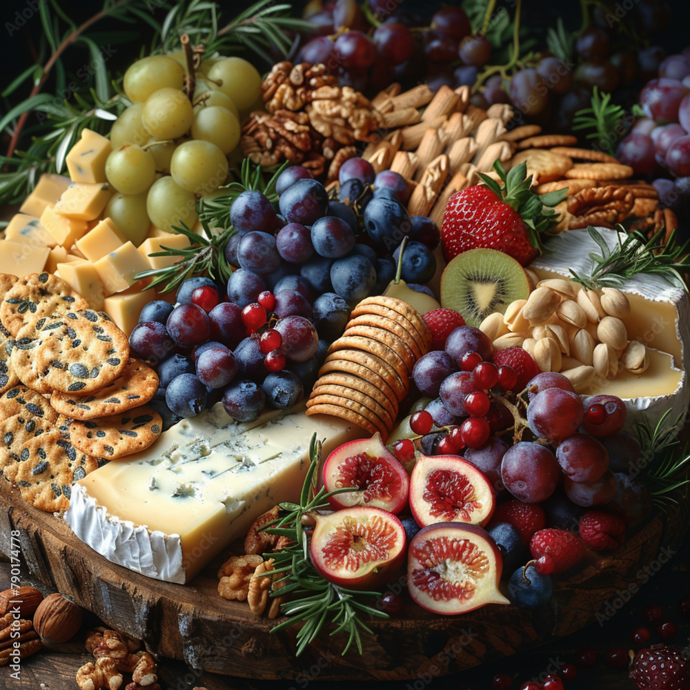 Cheese platter with grapes, nuts and crackers on wooden table