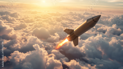 A hypersonic missile flies at high altitude above the clouds