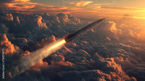 A hypersonic missile flies at high altitude above the clouds photo